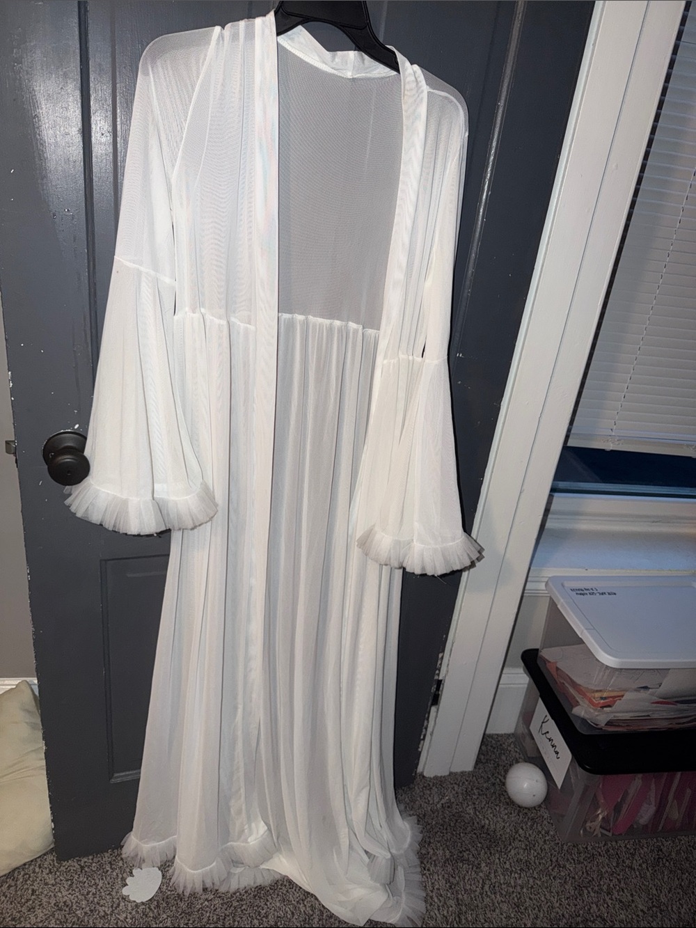 Sheer White Long Robe with Ruffle Cuffs - Women’s Intimates